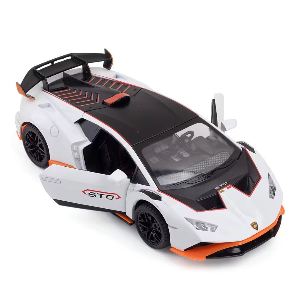 BIG SIZE LAMBORGHINI HURRICANE STO SPORTS 1:24 DIECAST METAL PULLBACK TOY CAR WITH OPENABLE DOORS & LIGHT, MUSIC BOYS CAR FOR KIDS BEST TOYS GIFTS TOYS FOR KIDS [SIZE:-21CM*9CM*5.3CM]【 MULTICOLOR 】