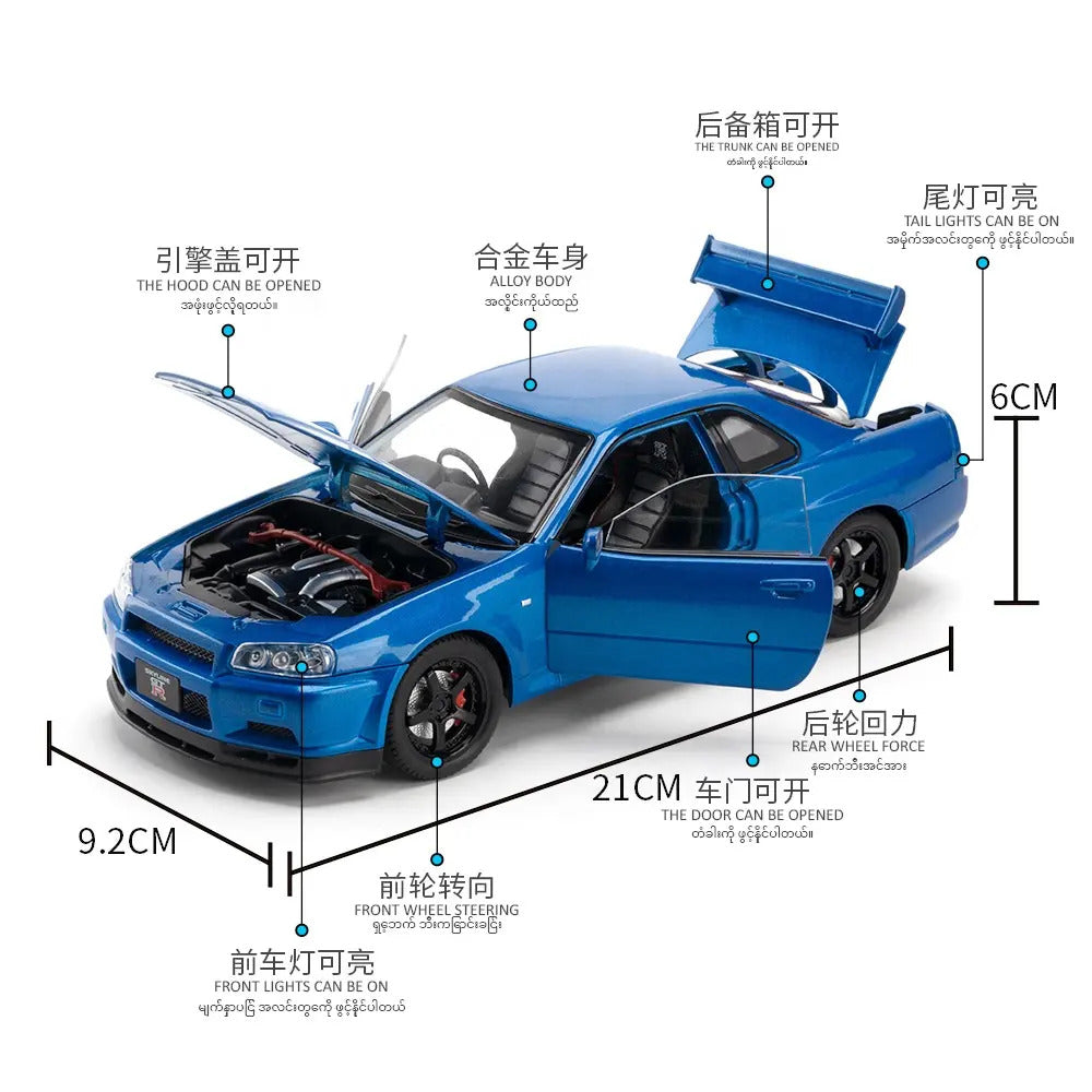 Nissan Skyline Gtr 34 Scale Model Diecast Metalcar - All Size