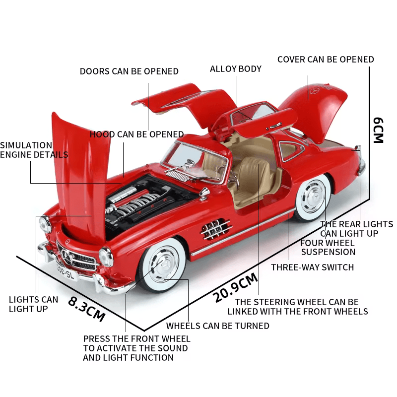 Mercedes-Benz 300SL Big Size 1:24 DIECAST METAL PULLBACK TOY CAR WITH OPENABLE DOORS & LIGHT, MUSIC BOYS CAR FOR KIDS BEST TOYS GIFTS TOYS FOR KIDS [SIZE:-22CM*9CM*7CM]【 MULTICOLOR 】