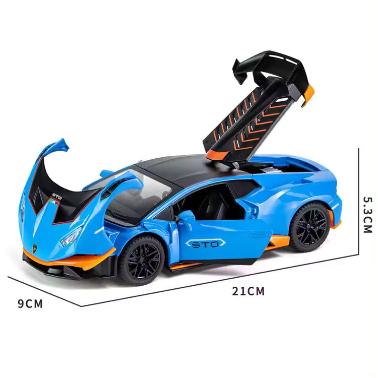 BIG SIZE LAMBORGHINI HURRICANE STO SPORTS 1:24 DIECAST METAL PULLBACK TOY CAR WITH OPENABLE DOORS & LIGHT, MUSIC BOYS CAR FOR KIDS BEST TOYS GIFTS TOYS FOR KIDS [SIZE:-21CM*9CM*5.3CM]【 MULTICOLOR 】