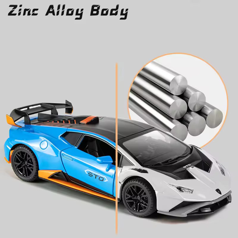 BIG SIZE LAMBORGHINI HURRICANE STO SPORTS 1:24 DIECAST METAL PULLBACK TOY CAR WITH OPENABLE DOORS & LIGHT, MUSIC BOYS CAR FOR KIDS BEST TOYS GIFTS TOYS FOR KIDS [SIZE:-21CM*9CM*5.3CM]【 MULTICOLOR 】