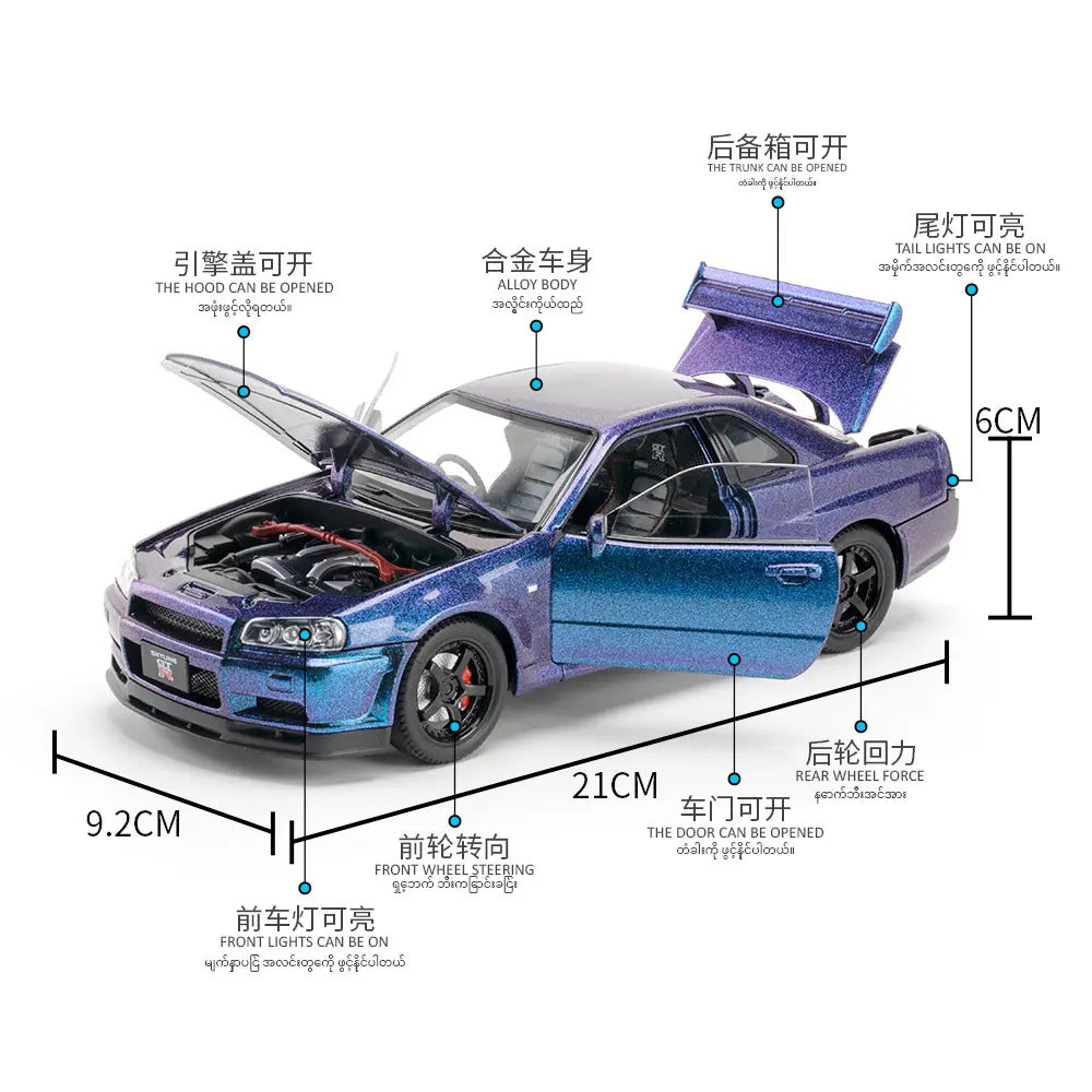 Nissan Skyline Gtr 34 Scale Model Diecast Metalcar - All Size