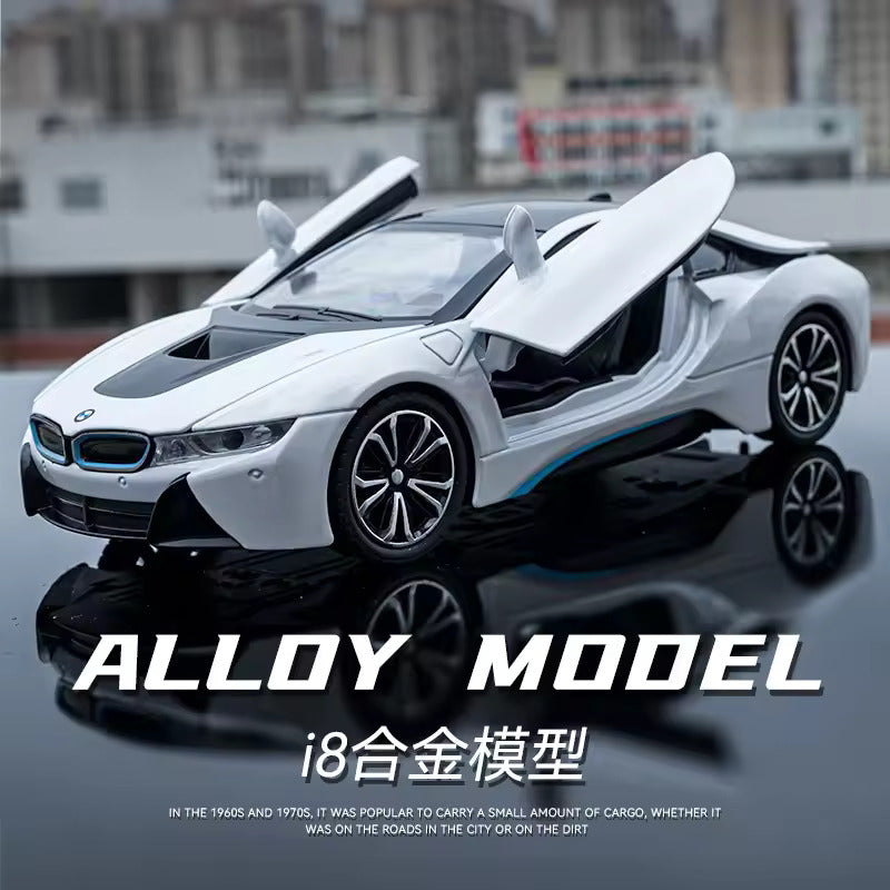 BIG SIZE COMPATIBLE FOR BMW I8 1:24 DIECAST METAL PULLBACK TOY CAR WITH OPENABLE DOORS & LIGHT, MUSIC BOYS CAR FOR KIDS BEST TOYS GIFTS TOYS FOR KIDS [SIZE:-21CM*7CM*6CM]【 MULTICOLOR 】