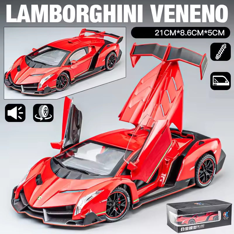 BIG SIZE LAMBORGHINI VENENO 1:24 DIECAST METAL PULLBACK TOY CAR WITH OPENABLE DOORS & LIGHT, MUSIC BOYS CAR FOR KIDS BEST TOYS GIFTS TOYS FOR KIDS [SIZE:-21CM*12CM*8.7CM]【 MULTICOLOR 】