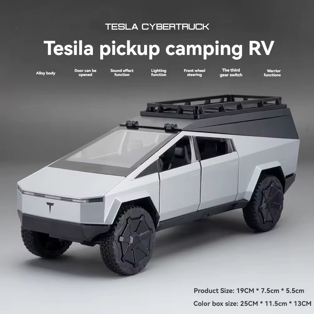 TESLA CYBERTRUCK CAMPING VEHICLE 1:24 METAL PULLBACK TOY CAR WITH OPENABLE DOORS & LIGHT, MUSIC BOYS CAR FOR KIDS BEST TOYS GIFTS TOYS FOR KIDS [SIZE:-19CM*10CM*8.5CM]【 MULTICOLOR 】