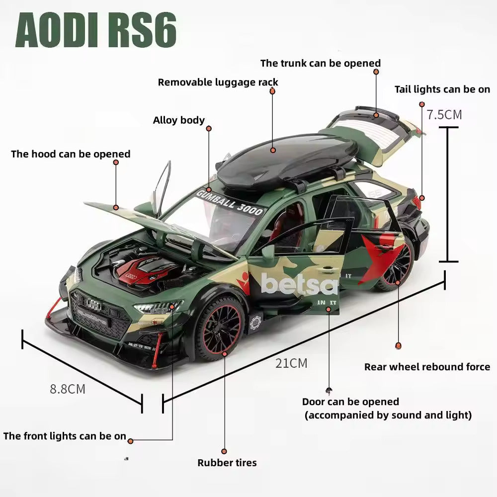 Audi RS6 Militery Supercar 1:24 Diecast Scale Model Metal Pull Back Toy car for Kids with Openable Doors & Light, Music Toy Vehicle for Kids - Colours as Per Stock【 MULTICOLOR 】