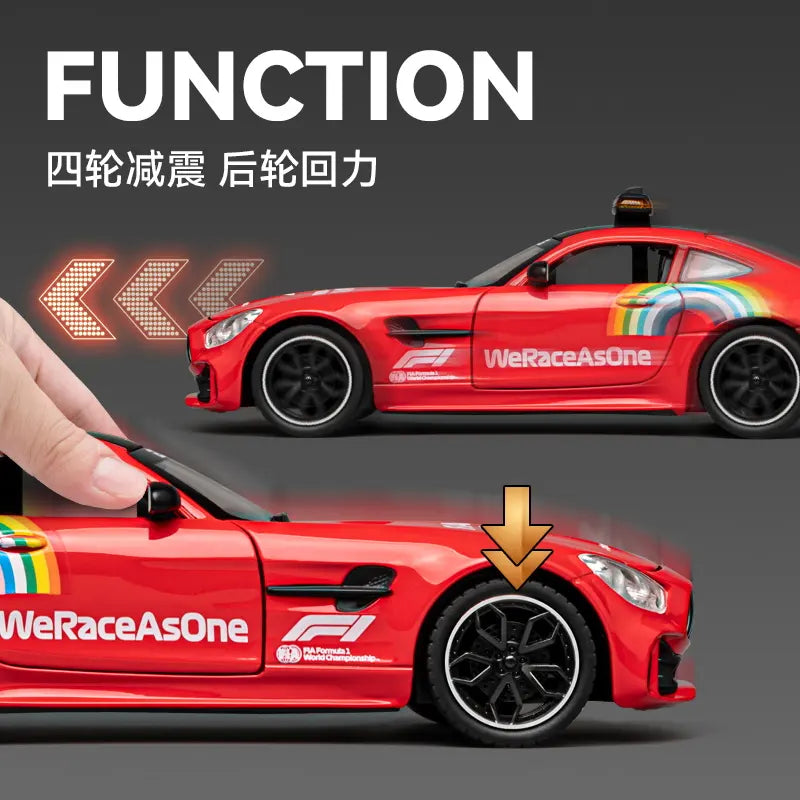 BIG SIZE MERCEDES-BENZ AMG GT SAFETY CAR 1:24 DIECAST METAL PULLBACK TOY CAR WITH OPENABLE DOORS & LIGHT, MUSIC BOYS CAR FOR KIDS BEST TOYS GIFTS TOYS FOR KIDS [SIZE:-20.5CM*9.5CM*7CM]【 MULTICOLOR 】