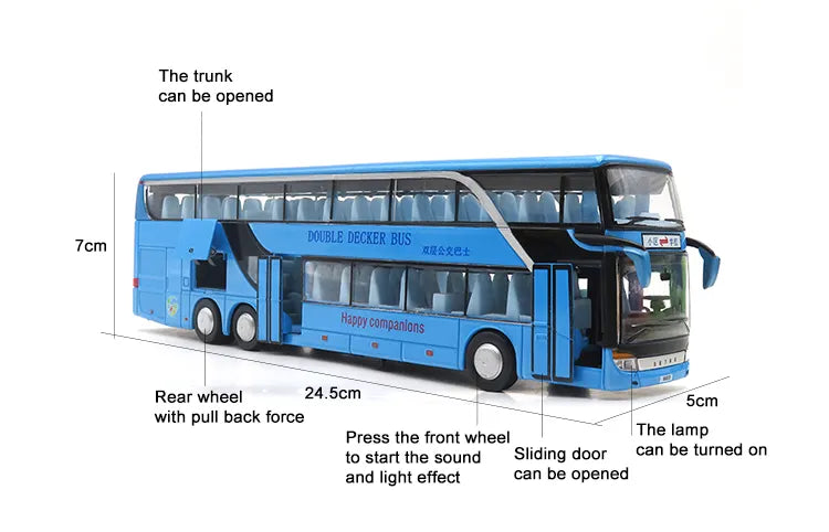 DOUBLE-DECKER TOURIST BUS MODEL CITY BUS TOY CAR ALLOY AIRPORT BUSING METAL SOUND AND EASY PULL BACK ANTI-FALL CAR [SIZE:24.5CM*7CM*5CM]【 MULTICOLOR 】