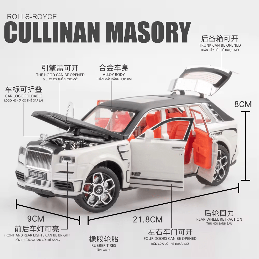 BIG SIZE ROLLS ROYCE CULLINAN MASORY 1:24 DIECAST METAL PULLBACK TOY CAR WITH OPENABLE DOORS & LIGHT, MUSIC BOYS CAR FOR KIDS BEST TOYS GIFTS TOYS FOR KIDS [SIZE:-22CM*9CM*8CM]【 MULTICOLOR】