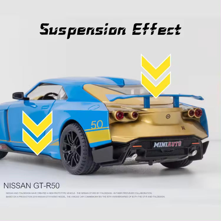 BIG SIZE NISSAN GTR-50 SPORT 1:24 DIECAST METAL PULLBACK TOY CAR WITH OPENABLE DOORS & LIGHT, MUSIC BOYS CAR FOR KIDS BEST TOYS GIFTS TOYS FOR KIDS [SIZE:-20.5CM*9.3CM*5.5CM]【 MULTICOLOR 】