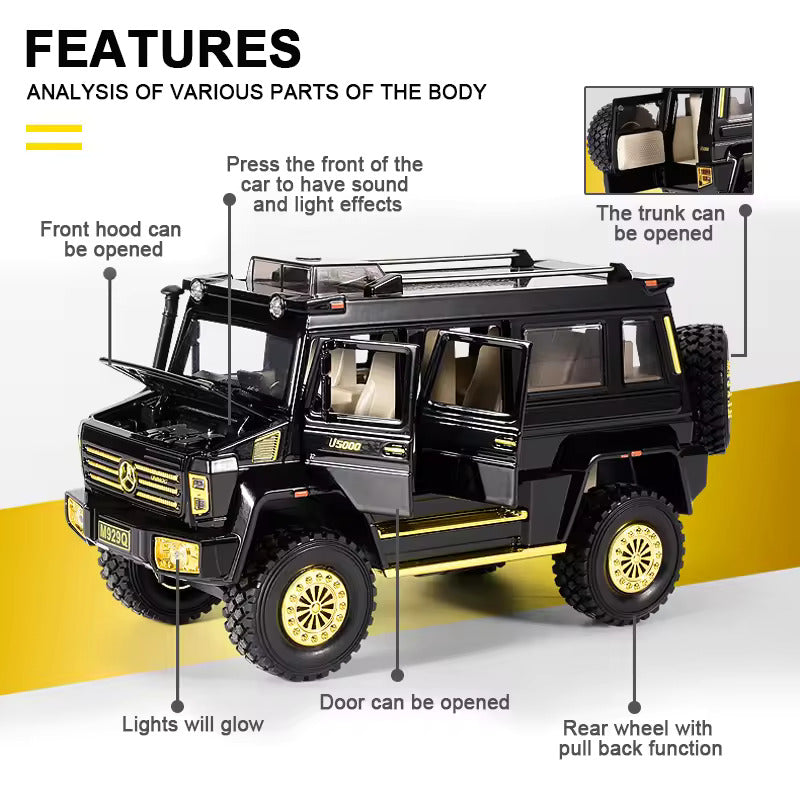 BIG SIZE MERCEDES-BENZ UNIMOG 1:24 DIECAST METAL PULLBACK TOY CAR WITH OPENABLE DOORS & LIGHT, MUSIC BOYS CAR FOR KIDS BEST TOYS GIFTS TOYS FOR KIDS [SIZE:-20CM*10CM*8.8CM]【 MULTICOLOR 】