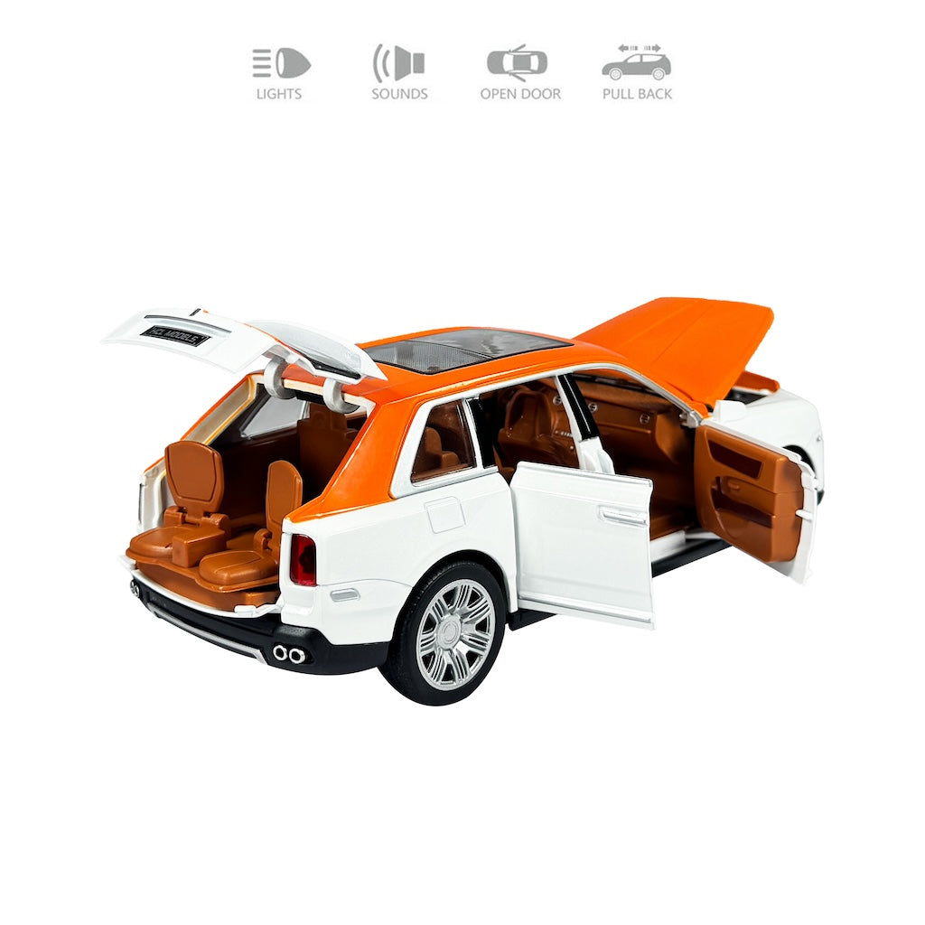 BIG SIZE ROLLS ROYCE CULLINAN 1:24 DIECAST METAL PULLBACK TOY CAR WITH OPENABLE DOORS & LIGHT, MUSIC BOYS CAR FOR KIDS BEST TOYS GIFTS TOYS FOR KIDS [SIZE:-18CM*9.4CM*7.2CM]【 MULTICOLOR 】