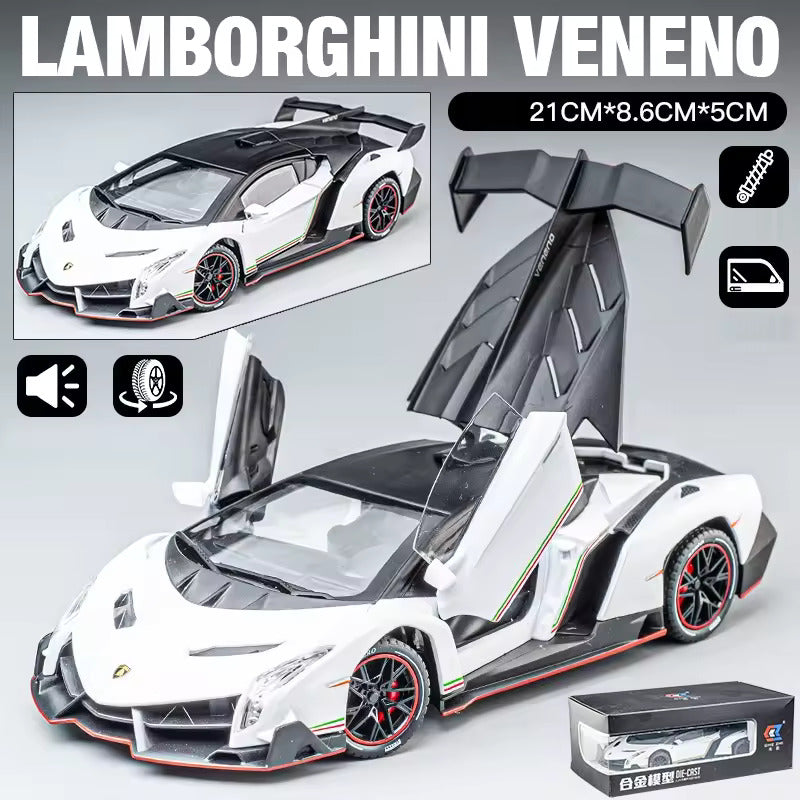 BIG SIZE LAMBORGHINI VENENO 1:24 DIECAST METAL PULLBACK TOY CAR WITH OPENABLE DOORS & LIGHT, MUSIC BOYS CAR FOR KIDS BEST TOYS GIFTS TOYS FOR KIDS [SIZE:-21CM*12CM*8.7CM]【 MULTICOLOR 】