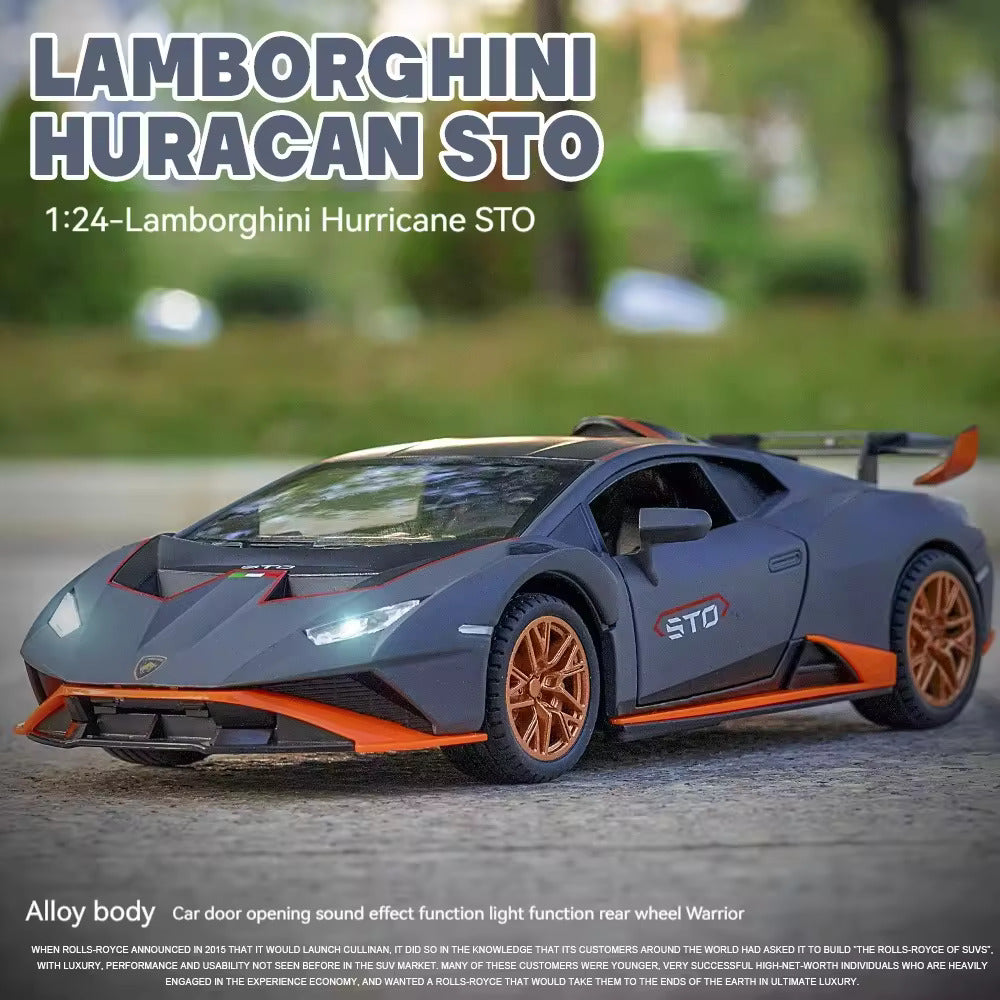 BIG SIZE LAMBORGHINI HURRICANE STO SPORTS 1:24 DIECAST METAL PULLBACK TOY CAR WITH OPENABLE DOORS & LIGHT, MUSIC BOYS CAR FOR KIDS BEST TOYS GIFTS TOYS FOR KIDS [SIZE:-21CM*9CM*5.3CM]【 MULTICOLOR 】