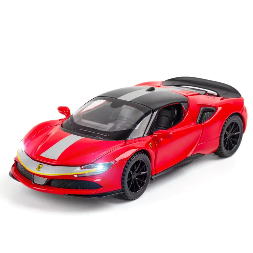 FERRARI SF90 1:32 DIECAST METAL PULLBACK TOY CAR WITH OPENABLE DOORS & LIGHT, MUSIC BOYS CAR FOR KIDS BEST TOYS GIFTS TOYS FOR KIDS [SIZE:-15.2CM*6.5CM*3.5CM]【 MULTICOLOR 】