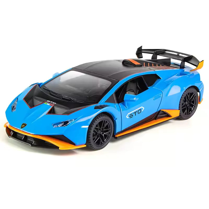 BIG SIZE LAMBORGHINI HURRICANE STO SPORTS 1:24 DIECAST METAL PULLBACK TOY CAR WITH OPENABLE DOORS & LIGHT, MUSIC BOYS CAR FOR KIDS BEST TOYS GIFTS TOYS FOR KIDS [SIZE:-21CM*9CM*5.3CM]【 MULTICOLOR 】