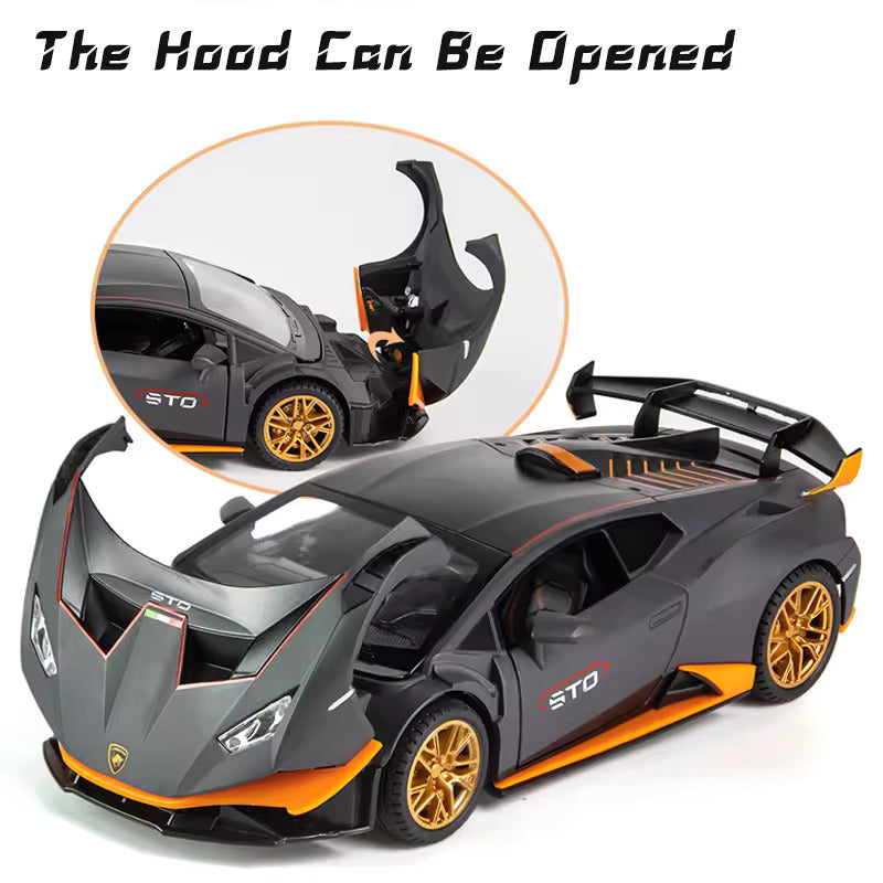 BIG SIZE LAMBORGHINI HURRICANE STO SPORTS 1:24 DIECAST METAL PULLBACK TOY CAR WITH OPENABLE DOORS & LIGHT, MUSIC BOYS CAR FOR KIDS BEST TOYS GIFTS TOYS FOR KIDS [SIZE:-21CM*9CM*5.3CM]【 MULTICOLOR 】