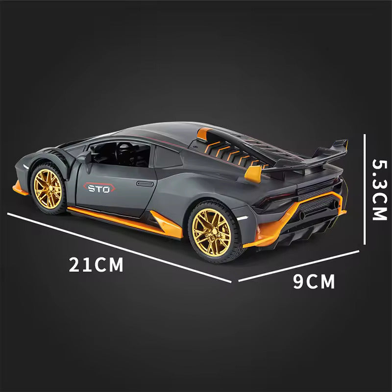 BIG SIZE LAMBORGHINI HURRICANE STO SPORTS 1:24 DIECAST METAL PULLBACK TOY CAR WITH OPENABLE DOORS & LIGHT, MUSIC BOYS CAR FOR KIDS BEST TOYS GIFTS TOYS FOR KIDS [SIZE:-21CM*9CM*5.3CM]【 MULTICOLOR 】