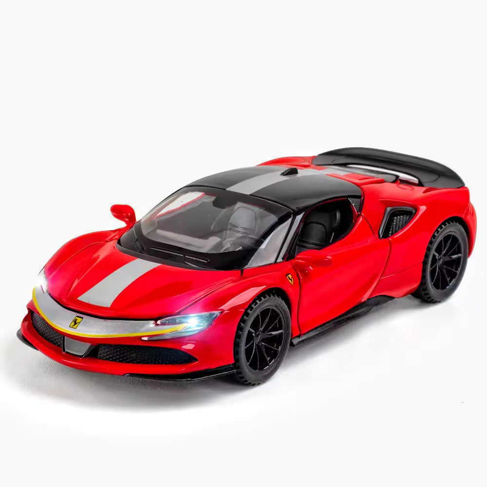 FERRARI SF90 1:32 DIECAST METAL PULLBACK TOY CAR WITH OPENABLE DOORS & LIGHT, MUSIC BOYS CAR FOR KIDS BEST TOYS GIFTS TOYS FOR KIDS [SIZE:-15.2CM*6.5CM*3.5CM]【 MULTICOLOR 】