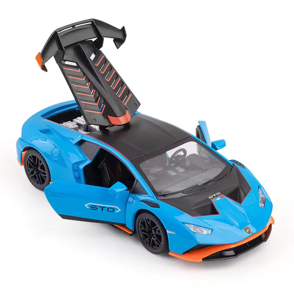 BIG SIZE LAMBORGHINI HURRICANE STO SPORTS 1:24 DIECAST METAL PULLBACK TOY CAR WITH OPENABLE DOORS & LIGHT, MUSIC BOYS CAR FOR KIDS BEST TOYS GIFTS TOYS FOR KIDS [SIZE:-21CM*9CM*5.3CM]【 MULTICOLOR 】