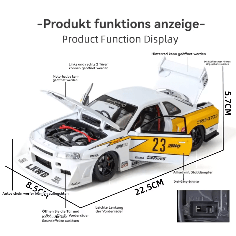 Big Size 1:24 LBWK Nissan E-R34 Super Silhouette Skyline GTR Diecast Scale Model Metal Pull Back with Openable Doors & Light, Music Toy Vehicle for Kids [SIZE:-21 CM*9CM*8.5CM]【 MULTICOLOR 】