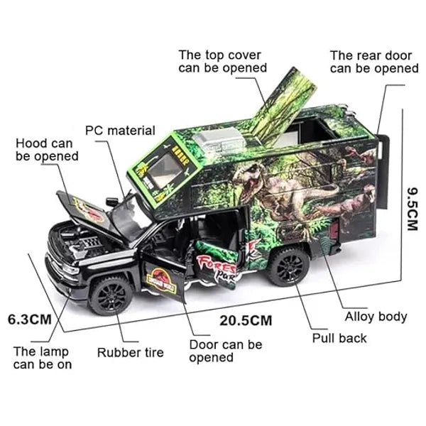 Jurassic Dinosaurs World Die Cast Metal Car 1:32 Diecast Car Model Transport Truck Light Sound Openable Door Pull Back  [SIZE:-20.5CM*9.5CM*6.3CM]