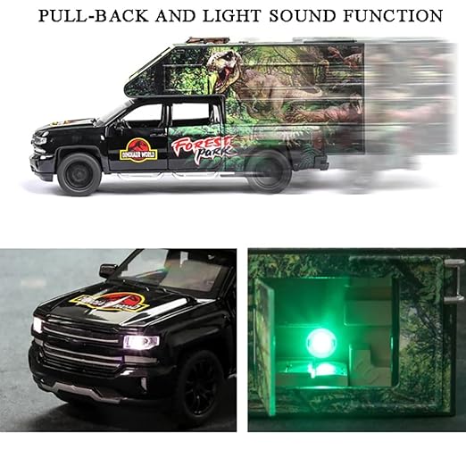 Jurassic Dinosaurs World Die Cast Metal Car 1:32 Diecast Car Model Transport Truck Light Sound Openable Door Pull Back