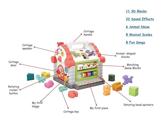 Musical Baby House With Shape Sorters,Musical Piano,Counting Beads,Blocks Activity Cube