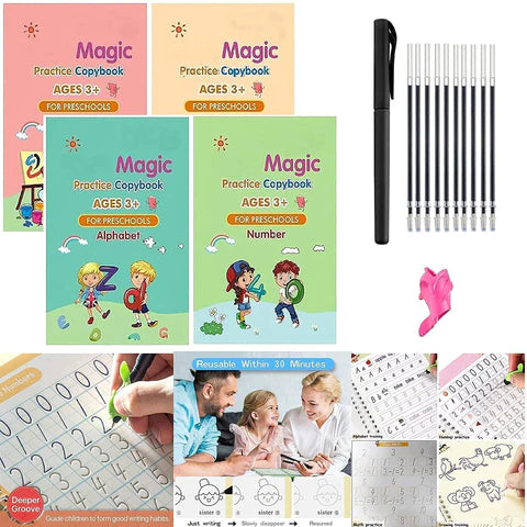 Premium 3D Magic Learning Book For Kids- Reusable (Pack of 4 Books, 1 Pen & 10 Refills x 2)(BUY 1 set Get 1 Set Free)