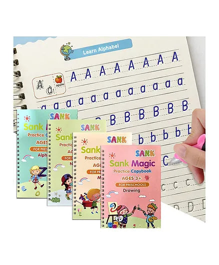 Premium 3D Magic Learning Book For Kids- Reusable (Pack of 4 Books, 1 Pen & 10 Refills x 2)(BUY 1 set Get 1 Set Free)