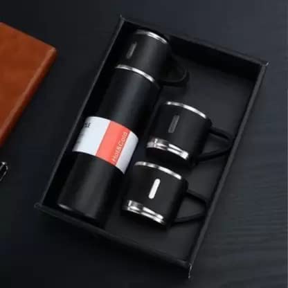 Premium Stainless Steel Thermo 500ml Vacuum Insulated Bottle Water Flask Gift Set with Two Cups Hot & Cold