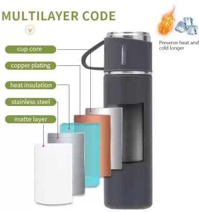 Premium Stainless Steel Thermo 500ml Vacuum Insulated Bottle Water Flask Gift Set with Two Cups Hot & Cold