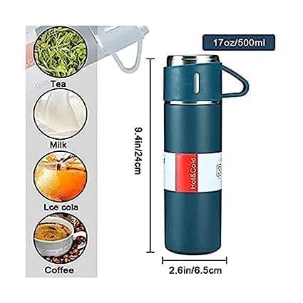 Premium Stainless Steel Thermo 500ml Vacuum Insulated Bottle Water Flask Gift Set with Two Cups Hot & Cold