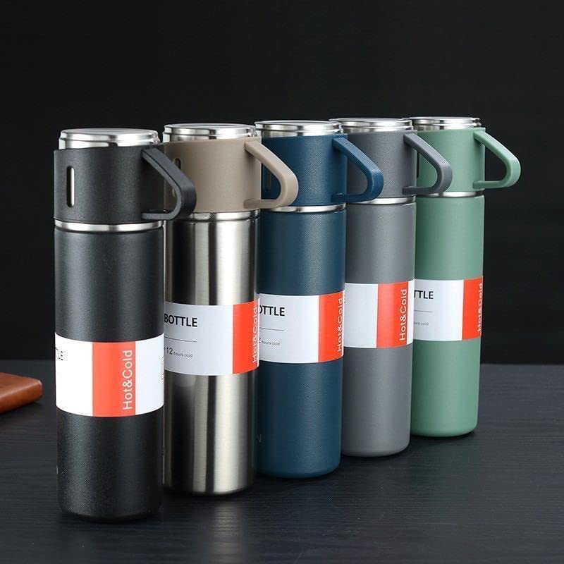 Premium Stainless Steel Thermo 500ml Vacuum Insulated Bottle Water Flask Gift Set with Two Cups Hot & Cold