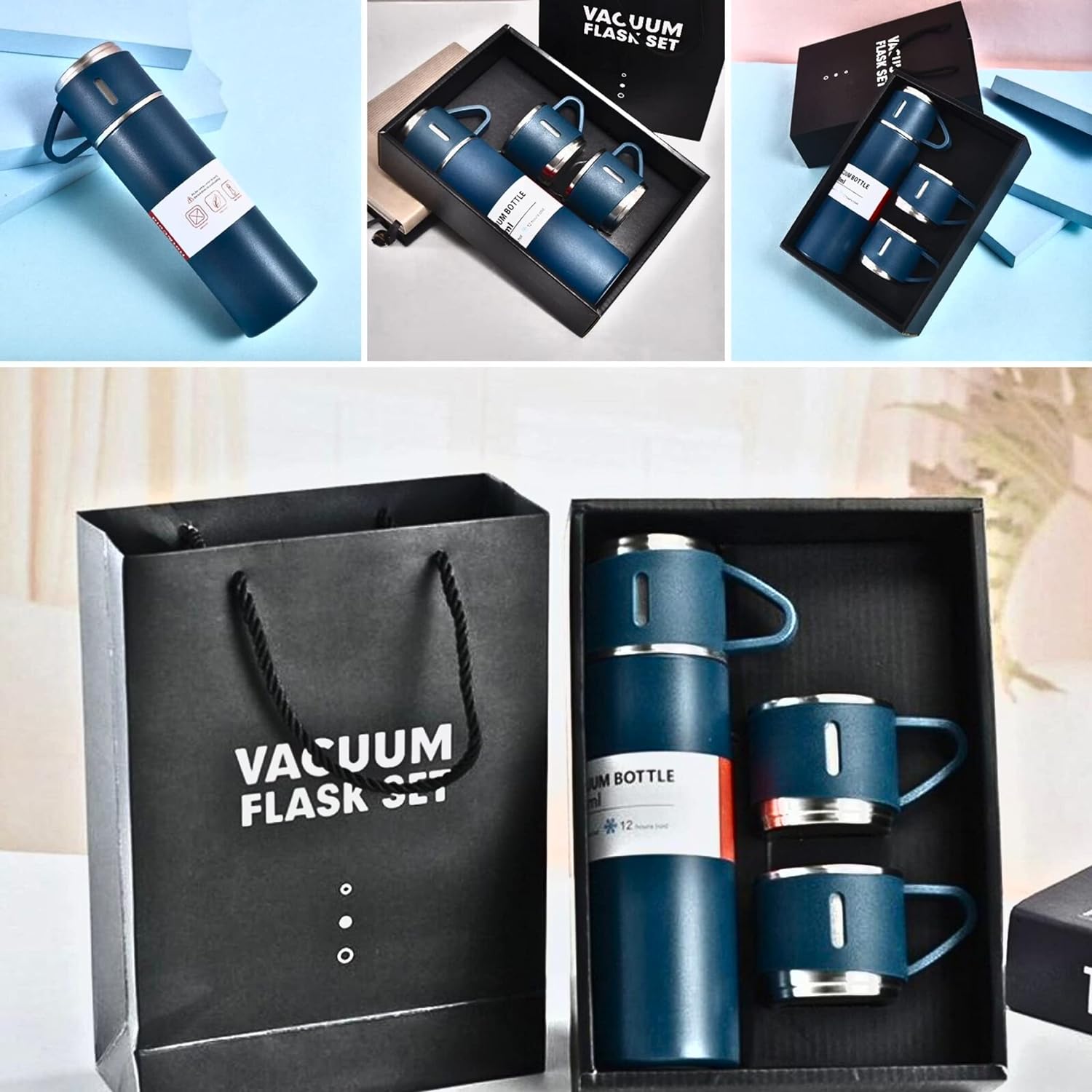 Premium Stainless Steel Thermo 500ml Vacuum Insulated Bottle Water Flask Gift Set with Two Cups Hot & Cold