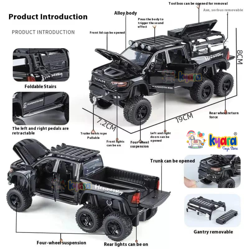 RAM PICKUP TRUCK 1:32 DIECAST SCALE MODEL METAL PULL BACK WITH OPENABLE DOORS & LIGHT, MUSIC TOY VEHICLE FOR KIDS [SIZE:- 19CM*8CM*7.2CM] 【 MULTICOLOR 】