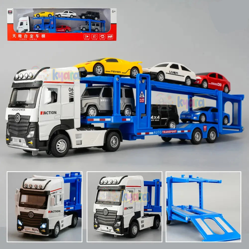 1:32 CAR PLAY SET TOY ALLOY MODEL FOR CHILDREN TRANSPORTER TRUCK LOW TRAILER MINIATURE MODEL WITH TRAFFIC SIGNS BOYS [SIZE:-36CM*8CM*6CM]