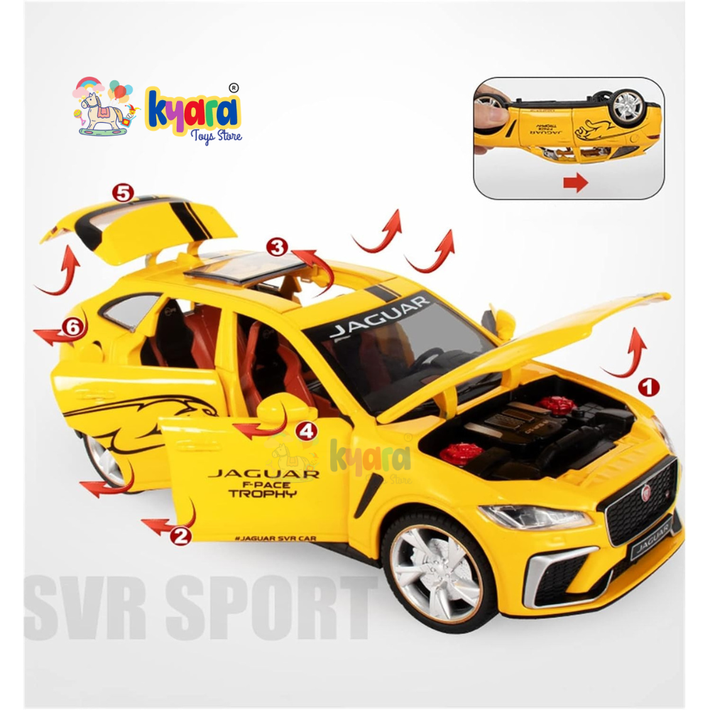 BIG SIZE JAGUAR F-PACE SVR SUV 1:24 DIECAST METAL PULLBACK TOY CAR WITH OPENABLE DOORS & LIGHT, MUSIC BOYS CAR FOR KIDS BEST TOYS GIFTS TOYS FOR KIDS [SIZE:- 20CM*9.5CM*7CM]【 MULTICOLOR 】