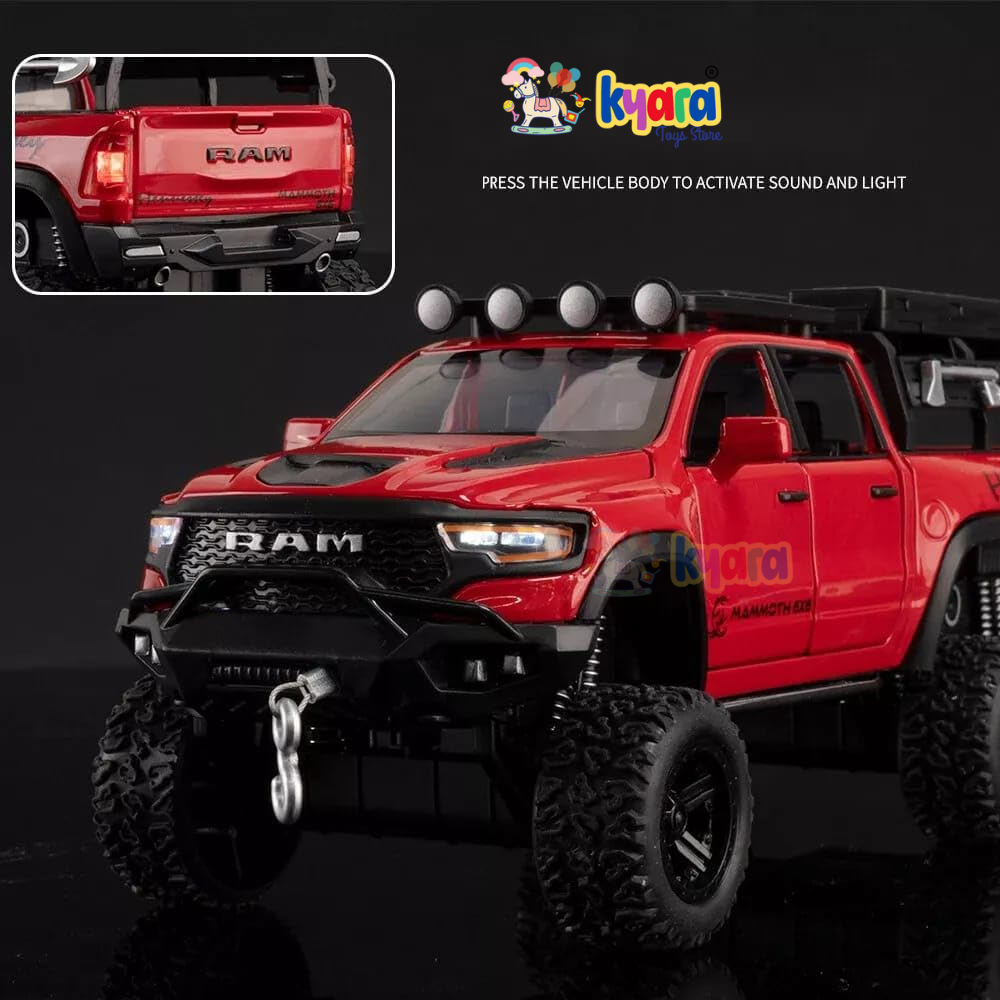 RAM PICKUP TRUCK 1:32 DIECAST SCALE MODEL METAL PULL BACK WITH OPENABLE DOORS & LIGHT, MUSIC TOY VEHICLE FOR KIDS [SIZE:- 19CM*8CM*7.2CM] 【 MULTICOLOR 】