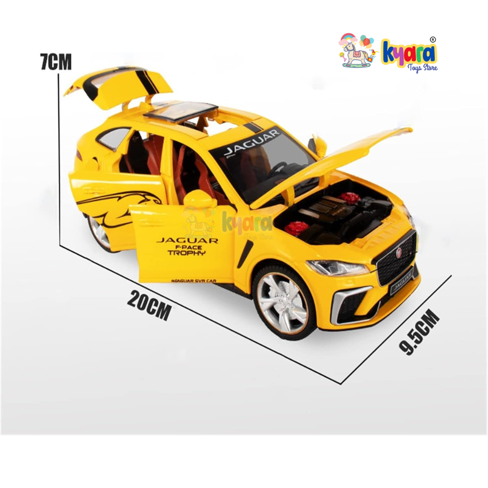 BIG SIZE JAGUAR F-PACE SVR SUV 1:24 DIECAST METAL PULLBACK TOY CAR WITH OPENABLE DOORS & LIGHT, MUSIC BOYS CAR FOR KIDS BEST TOYS GIFTS TOYS FOR KIDS [SIZE:- 20CM*9.5CM*7CM]【 MULTICOLOR 】