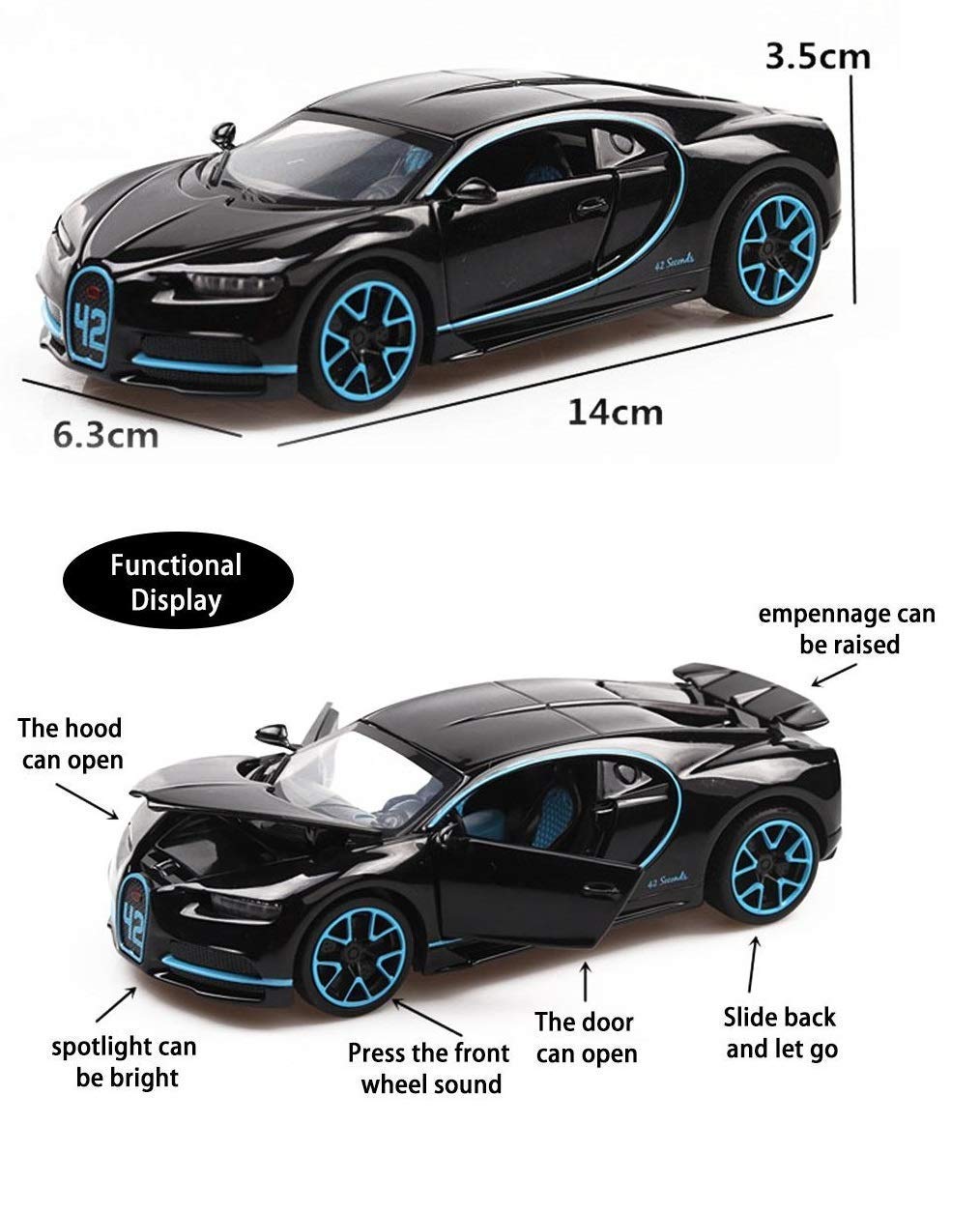 BUGATTI CHIIRON 1:32 TOY CAR METAL PULL BACK DIECAST CAR WITH OPENABLE DOOR AND SOUND LIGHT, GIFTS TOYS FOR KIDS【 MULTICOLOR 】 [SIZE : 14.3CM* 6CM* 3.5CM]