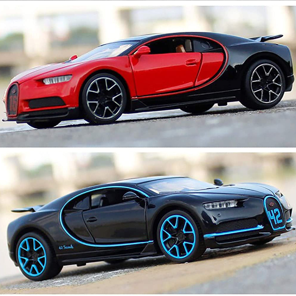 BUGATTI CHIIRON 1:32 TOY CAR METAL PULL BACK DIECAST CAR WITH OPENABLE DOOR AND SOUND LIGHT, GIFTS TOYS FOR KIDS【 MULTICOLOR 】 [SIZE : 14.3CM* 6CM* 3.5CM]