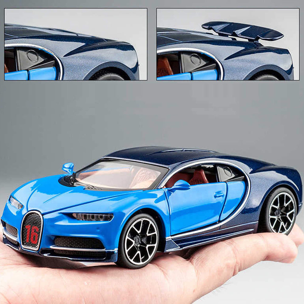 BUGATTI CHIIRON 1:32 TOY CAR METAL PULL BACK DIECAST CAR WITH OPENABLE DOOR AND SOUND LIGHT, GIFTS TOYS FOR KIDS【 MULTICOLOR 】 [SIZE : 14.3CM* 6CM* 3.5CM]