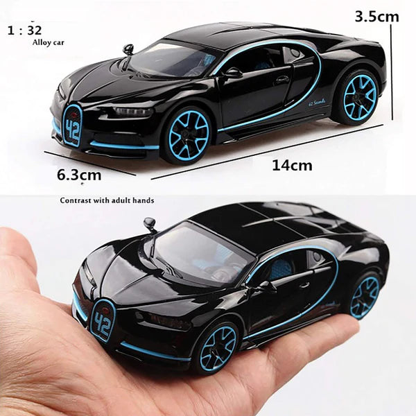 BUGATTI CHIIRON 1:32 TOY CAR METAL PULL BACK DIECAST CAR WITH OPENABLE DOOR AND SOUND LIGHT, GIFTS TOYS FOR KIDS【 MULTICOLOR 】 [SIZE : 14.3CM* 6CM* 3.5CM]