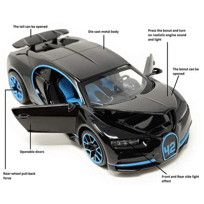 BUGATTI CHIIRON 1:32 TOY CAR METAL PULL BACK DIECAST CAR WITH OPENABLE DOOR AND SOUND LIGHT, GIFTS TOYS FOR KIDS【 MULTICOLOR 】 [SIZE : 14.3CM* 6CM* 3.5CM]